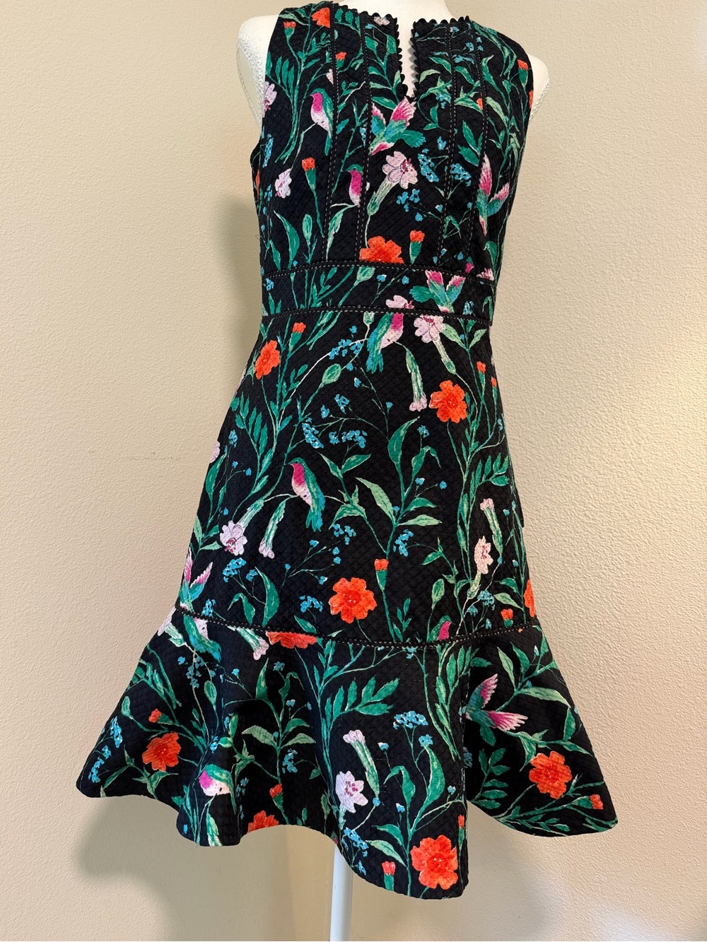 kate spade Black Floral Jacquard Dress with Red & Pink Flowers Birds Jardin